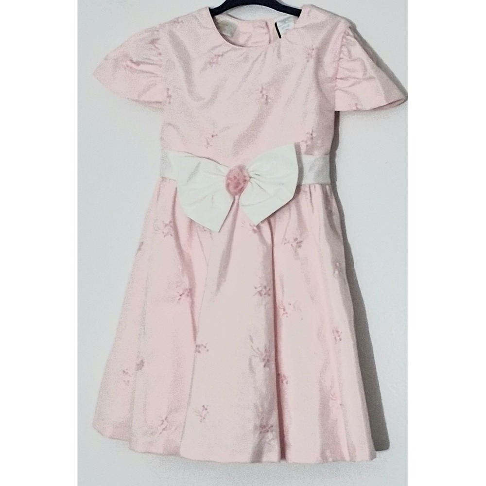 Little Bitty Girl's Dress Size 5T Pink Floral Embroidered Bow Back Tie Cap Sleev
